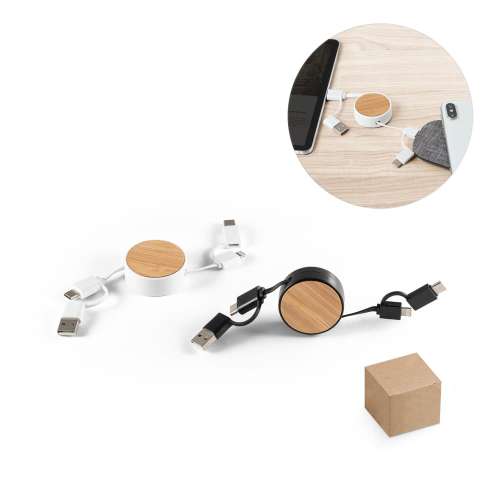 Przejdź do produktu RUBINS. Zwijany kabel USB 6 w 1 z ABS pochodzącego z recyklingu (100% rABS) i bambusa 97091