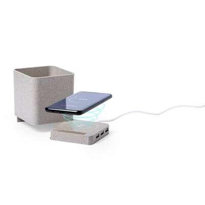 Przejdź do produktu Ładowarka bezprzewodowa 5W ze słomy pszenicznej, hub USB 2.0, pojemnik na przybory do pisania, stojak na telefon V0116-00