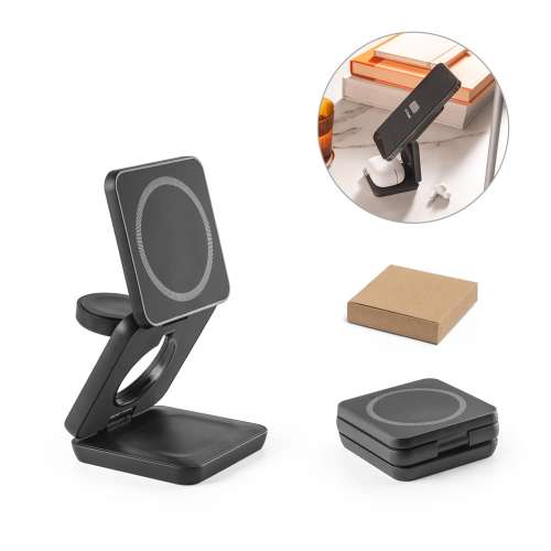 Przejdź do produktu BROGLIE. Superszybka bezprzewodowa ładowarka magnetyczna 4 w 1 o mocy 15 W wykonana w ABS pochodzącego z recyklingu (100% rABS) 97169